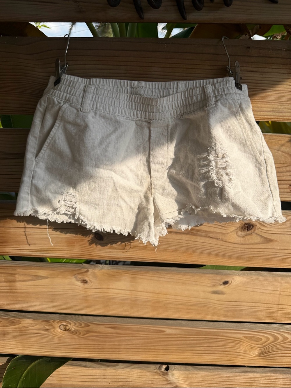 aerie Cream Distressed Denim Short Shorts